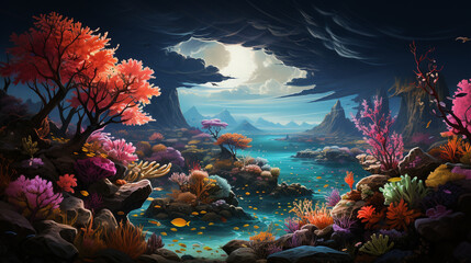 Obraz na płótnie Canvas Tropical sea underwater panoramic view with colorful fish and coral reefs, underwater world reef background