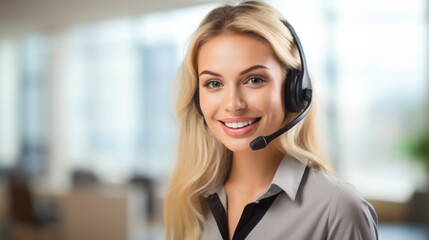 Pretty woman works in a customer center with headset, headphone and microphone