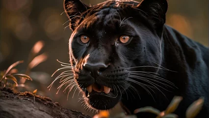 Plexiglas foto achterwand Closeup of a Black Panther in a Natural Environment. Black Leopard. Black Jaguar. Wild Black Panther. Wild Animal. Wild Cat. Predator Cat. Black Panther in the Jungle. © Radovan