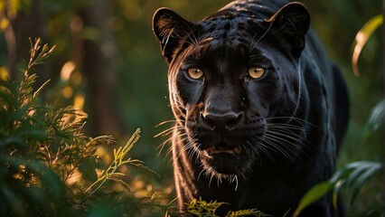 Closeup of a Black Panther in a Natural Environment. Black Leopard. Black Jaguar. Wild Black Panther. Wild Animal. Wild Cat. Predator Cat. Black Panther in the Jungle.