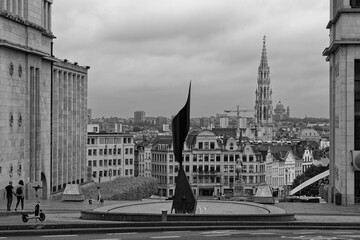 Brussels Belgium - 05 08 2023: Medieval city in Europe. Art and culture. Tourists from all over the world. The centre of the city capital of the European Union the Parliament Leuven Martelarenplein 