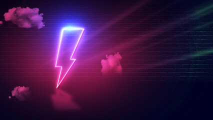 lightning bolt or thunder icon with pink neon effect and empty space for copy or message, dark wall  backdrop with clouds