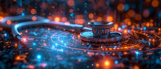 AI in Healthcare. Integration of AI in diagnostics and personalized medicine. Digital stethoscope with AI circuitry and data lines,generative ai