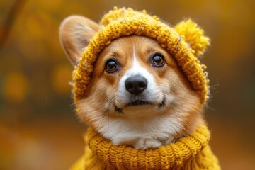 Cute Corgi dog in knitted warm yellow costume on yellow background outdoor