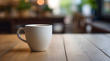 Beige Coffee Cup on a wooden Table. Blurred Interior Background