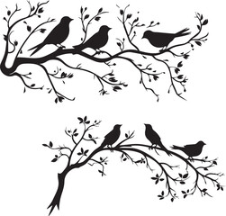 Birds on branch black silhouette 