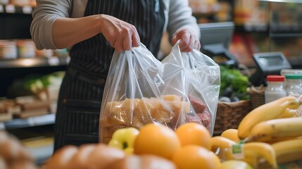 Grocery store cashier packing food into a reusable bag - obrazy, fototapety, plakaty