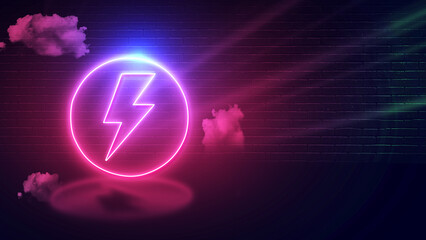 modern lightning bolt or thunder inside circle icon with pink neon effect and empty space for message, dark wall  backdrop with clouds