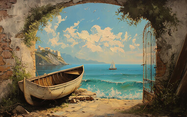 Naklejka na ściany i meble barco com porta de entrada para a paisagem marítima