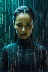 Digital Matrix Binary Code and Symbols Streaming Down Background. Digital Cyber Code Abstract Background. Digital Woman AI.