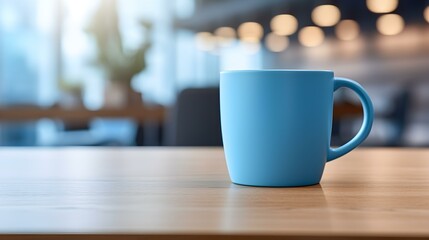 Blue Coffee Cup on a wooden Table. Blurred Interior Background