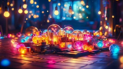 Abundance of Colorful Lights Intertwined with Whimsical Light Bulbs. Colorful Atmosphere.
