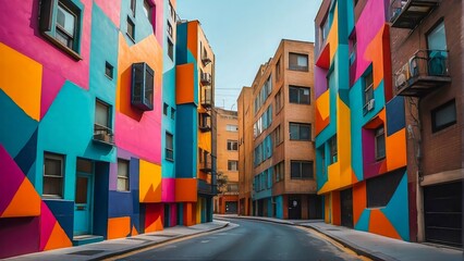 Obraz premium Real-World Colorful Shapes Set Against an Urban Backdrop. Colored Buildings and Facades of a Big City.