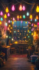 Fototapeta na wymiar Surreal composition Featuring a Beautiful Rustic Room in Colorful Lighting Surroundings with Whimsical Light Bulbs. Colorful Light Bulbs.