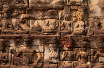 Closeup of weathered ruins at  Preah Khan, a 12th-century temple at Angkor Wat, Cambodia
