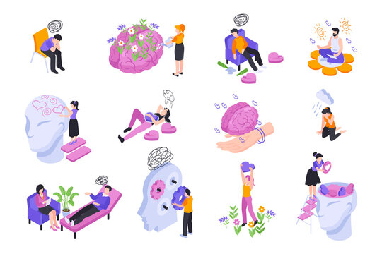 Mental health icons in isometric view