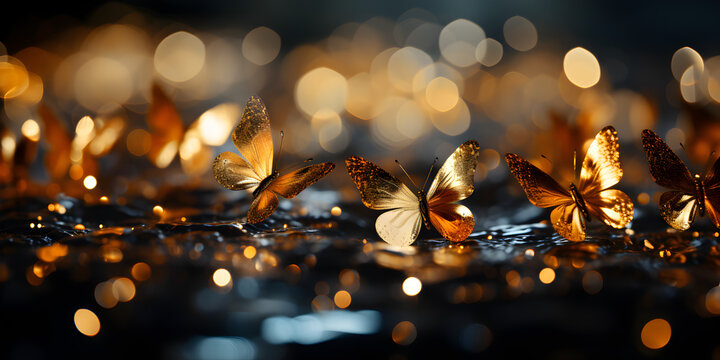 Abstract bokeh shimmering gold glitter butterflies with blurry defocused background