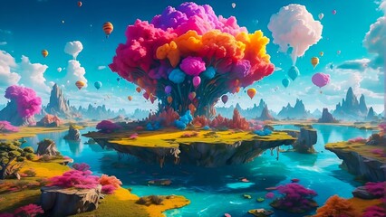 Colorful Forest Island, and a Fantasy Sky. The Explosion of Colorful Shapes in a Surreal Landscape. An Otherworldly Dimension, with  Fairytale Landscape.