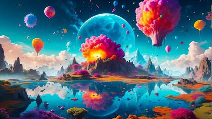 Obraz na płótnie Canvas Colorful Forest Island, and a Fantasy Sky. The Explosion of Colorful Shapes in a Surreal Landscape. An Otherworldly Dimension, with Fairytale Landscape.