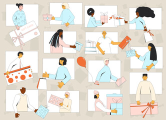 Giving each other holiday gifts over video call. Online present exchange. Virtual swap between friends and colleagues. Vector flat illustration