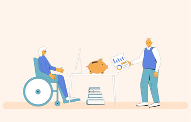 Budgeting for senior. Woman in wheelchair and man talking about finance. Elderly people with money and analyze retirement savings. Vector illustration