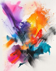Abstract expressionist watercolor painting, featuring spontaneous and bold brushstrokes in vivid colors