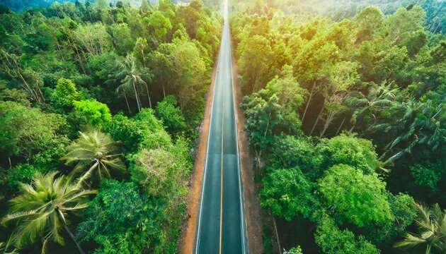forest road view from above aerial view asphalt road in tropical tree forest with a road going through with car adventure in asia background concept