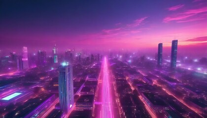 cybernetic metropolis synthwave 3d city with neon lights holograms and aerial view in pink and purple hues