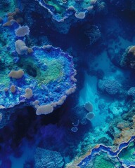 Aerial view of a coral reef system, showcasing the intricate patterns and vivid marine life