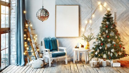mock up poster in the christmas interior in scandinavian style 3d rendering