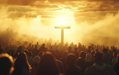 Multidão de pessoas adorando a cruz, hora dourada - obrazy, fototapety, plakaty