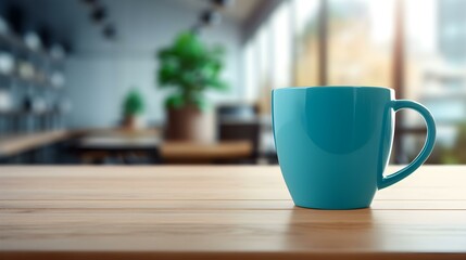 Fototapeta premium Cyan Coffee Cup on a wooden Table. Blurred Interior Background