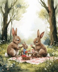 Charming woodland creatures having a picnic