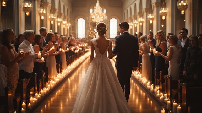 Elegant catholic church wedding ceremony with groom and bride exchanging vows in a joyful moment