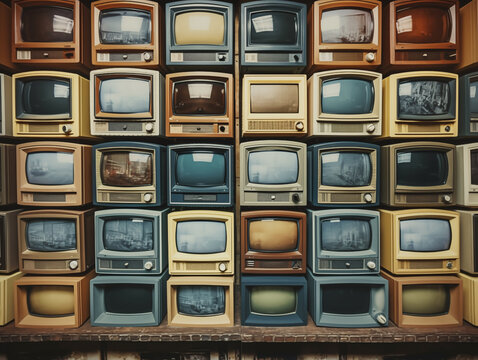 Analogue TV world background with a various colors mini TVs mith BW movies piled in rows and columns. Media services, new digital world, end of analog devices, streaming services concept image.