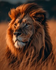 Fototapeta premium Majestic lion portrait in a savannah landscape during sunset, with dramatic lighting and detailed fur texture