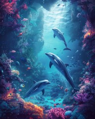 Fototapeta na wymiar marine animals, dolphins and turtles, in a vibrant underwater setting