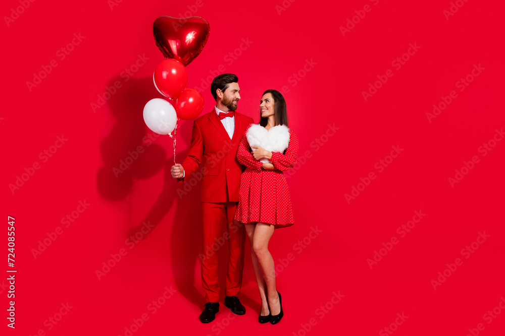 Aufkleber full length photo of two lovely partners hold balloons heart figure pillow look each other empty spa