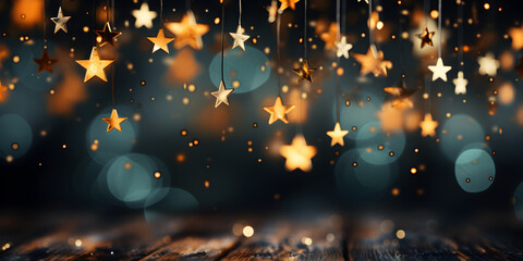 Abstract bokeh shimmering gold star glitter decorations with blurry defocused background