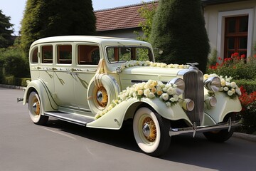 Elegant white wedding limousine with flower decorations for special event transportation