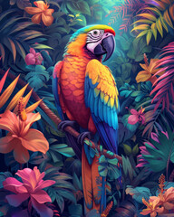 Stylized digital illustration of a colorful parrot in a tropical jungle, surrounded by vivid flora