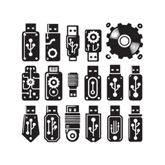 Technological Resonance: USB Silhouettes Creating a Harmonious Blend of Innovation and Precision - USB Illustration - USB Vector - Storage Device Silhouette
