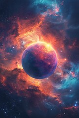 Vibrant, glowing orb in the center of a galaxy, surrounded by stars and colorful nebulas