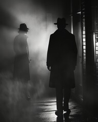 Vintage detective noir scene inspired by classic mystery novels, with shadowy figures