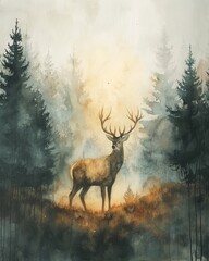 Watercolor painting of a serene deer in a misty forest