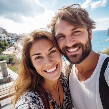 Joyful Getaway: Young Happy Couple's Vacation Selfie in the Great Outdoors