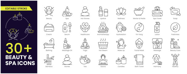 Beauty and Spa Stroke icon set. Containing sauna, aromatherapy, treatment, yoga, skin care and wellness icons. Outline Editable stroke icons collection. - obrazy, fototapety, plakaty