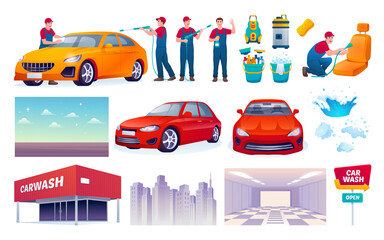Car wash flat cartoon icons set