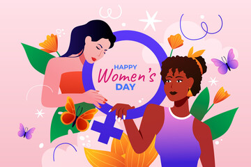Gradient womens day illustration with racial woman and female symbol