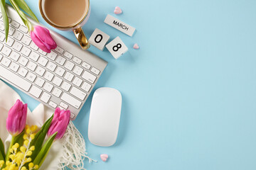 Stylish deskscape: marking Women's day with elegance at work. Top view shot of keyboard, computer mouse, cube calendar, coffee, hearts, scarf, tulips on pastel blue background with advert area